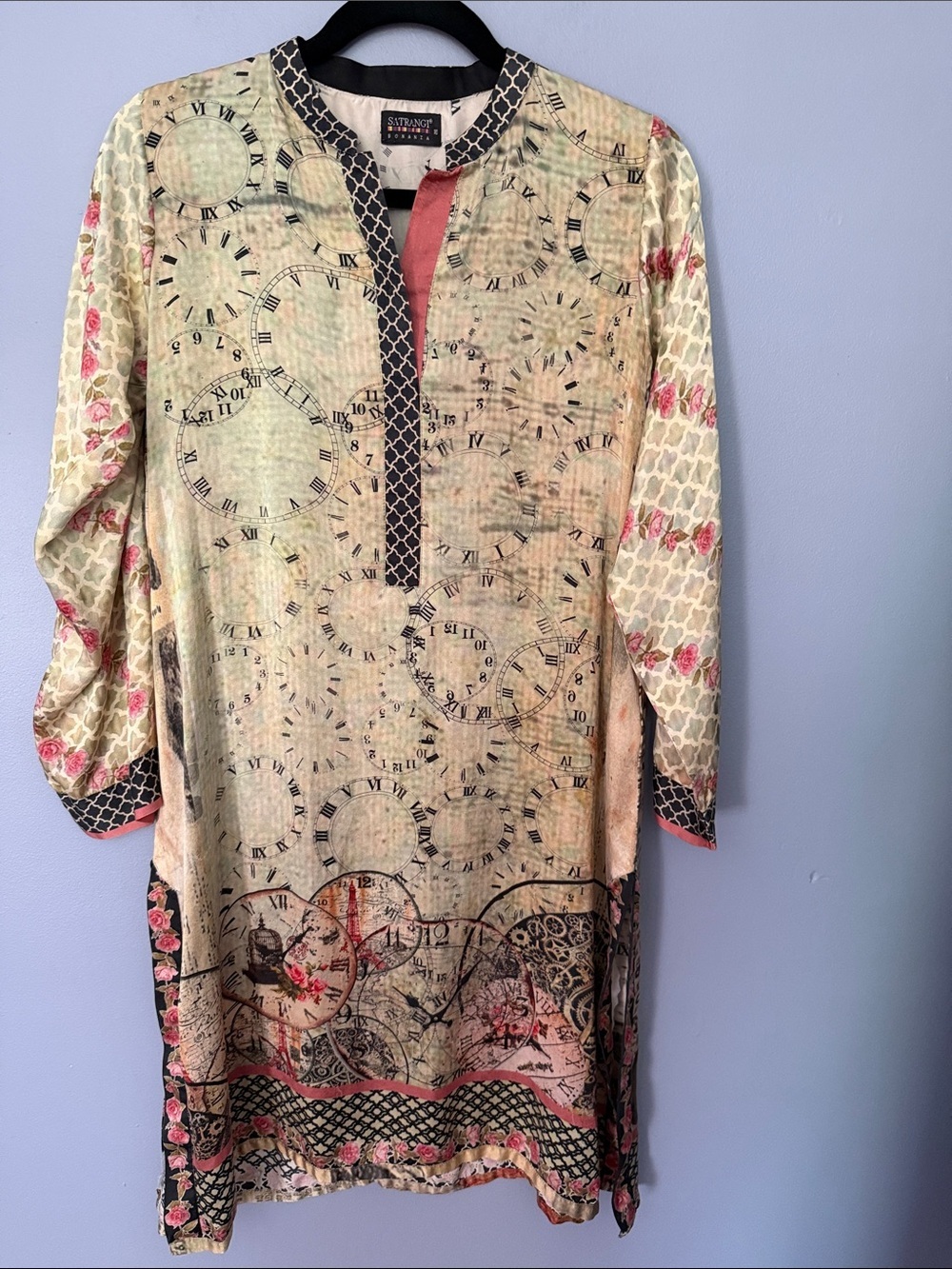 Bonanza Satrangi 100% Silk Pakistani Designer Clock Print Kurta Size 10
